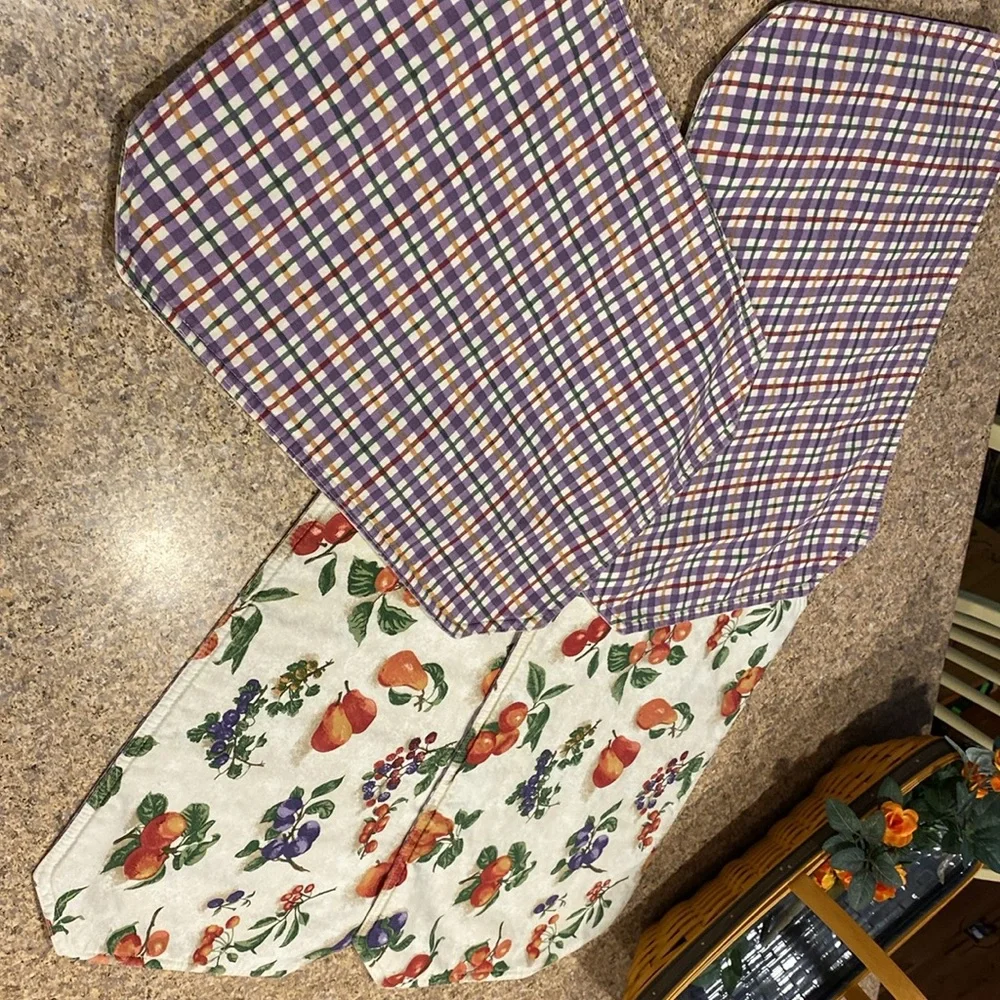 Longaberger 4 Placemats Fruit Medley and Blueberry Plaid USED WITH FADING/STAINS